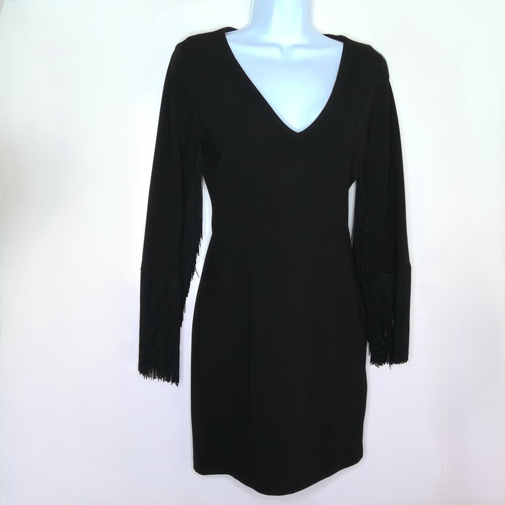 Zara Trafaluc LBD Black Dress 3/4 Fringed Sleeves Party Goth Mini V-Neck EUC  S